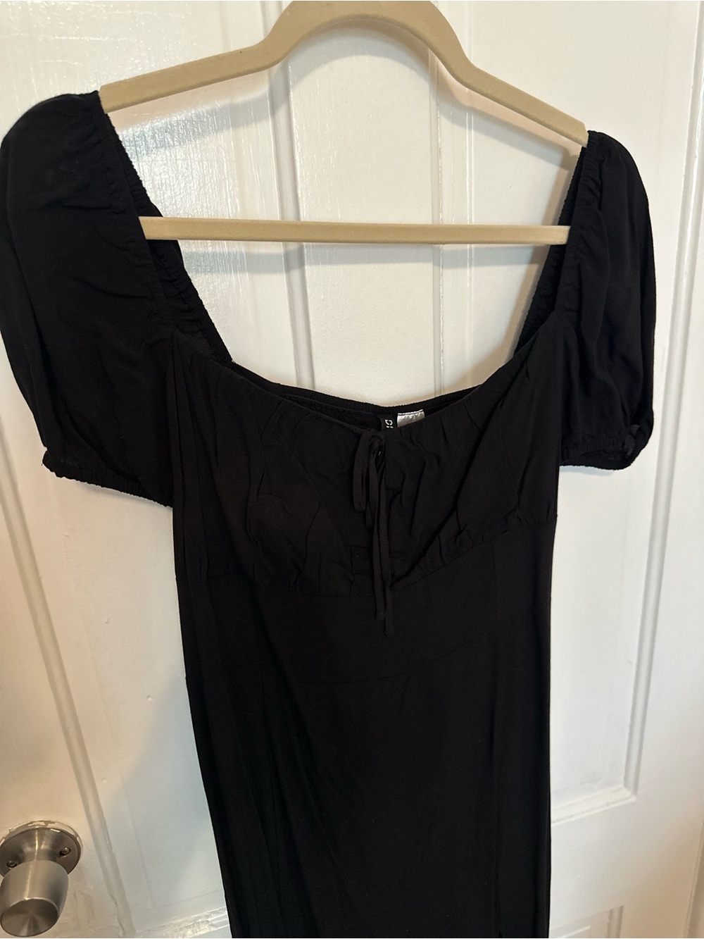 H&M Black Puff Sleeve Midi Dress with Tie Front